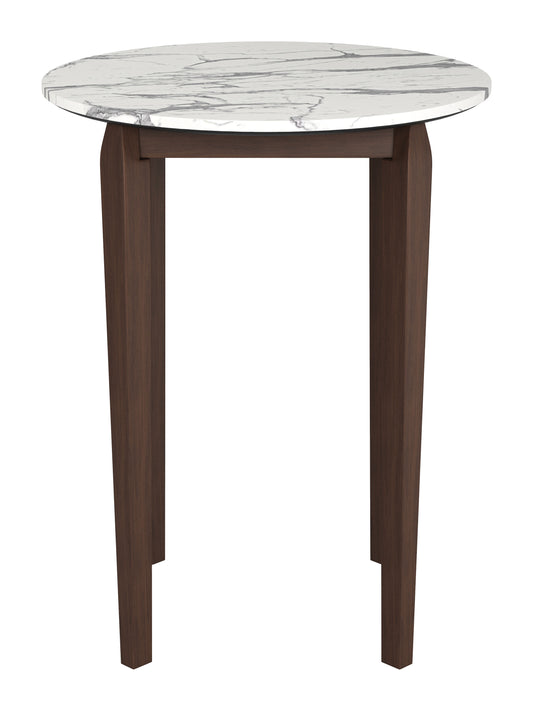 Vernon White Marble-Look Bar Table with Walnut Wood Base – Modern High-Top