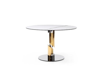 Gloria 47" Round Dining Table in White Ceramic, Gold & Silver Stainless Steel by Whiteline Modern Living