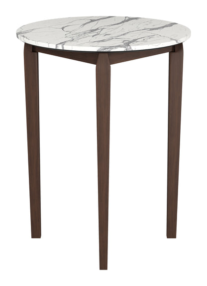 Vernon White Marble-Look Bar Table with Walnut Wood Base – Modern High-Top