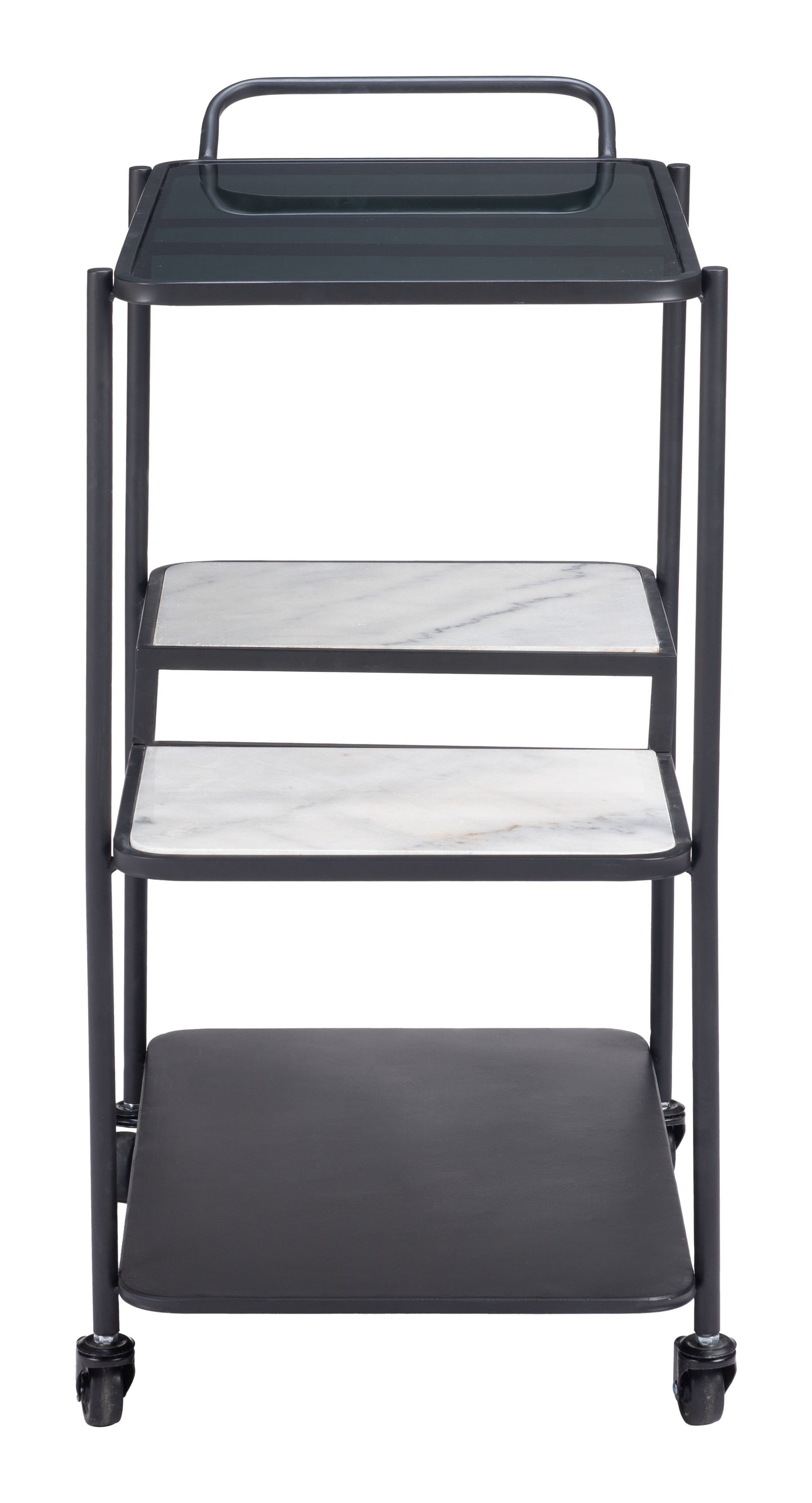 Constanza Black Bar Cart with Glass Shelves and Marble Accents