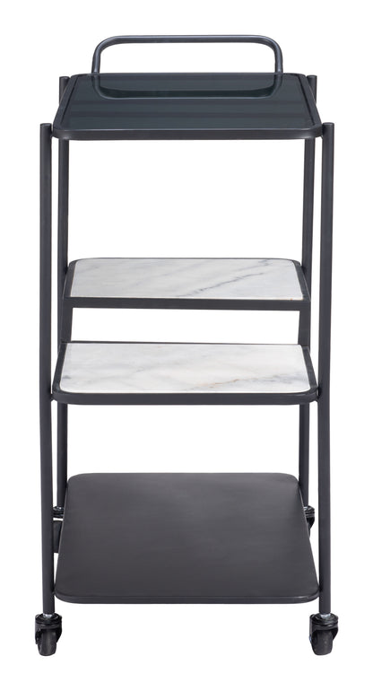 Constanza Black Bar Cart with Glass Shelves and Marble Accents