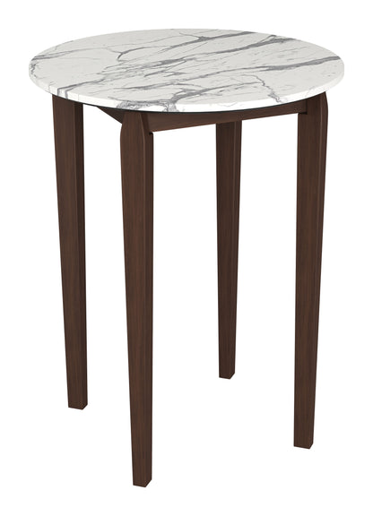 Vernon White Marble-Look Bar Table with Walnut Wood Base – Modern High-Top