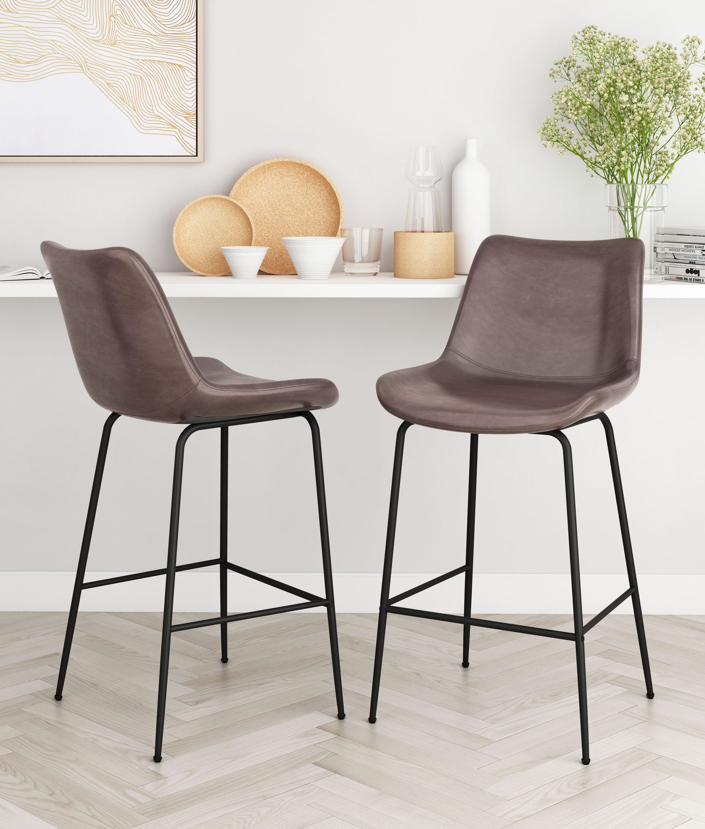 Byron Counter Stool in Brown – Faux Leather Modern Bar Chair