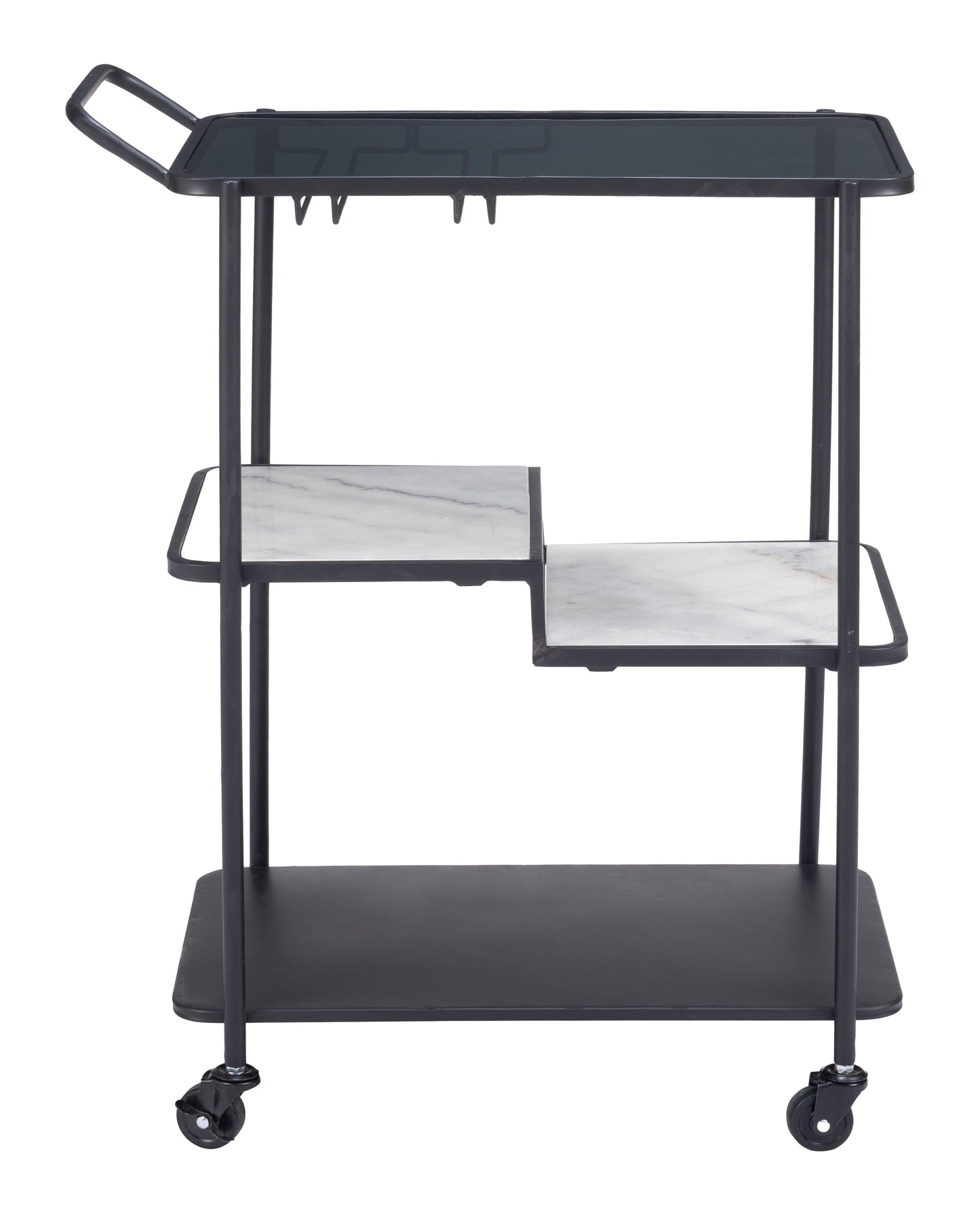 Constanza Black Bar Cart with Glass Shelves and Marble Accents