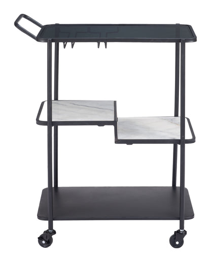 Constanza Black Bar Cart with Glass Shelves and Marble Accents