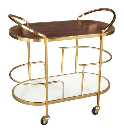 Antalya Modern Bar Cart with Wood, Marble, and Gold Accents