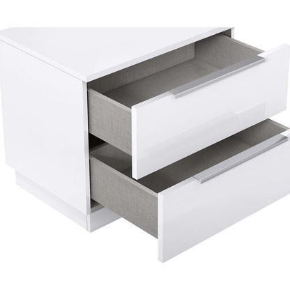 Damien 2 Drawer Nightstand in High Gloss White & Silver Stainless Steel by Whiteline Modern Living