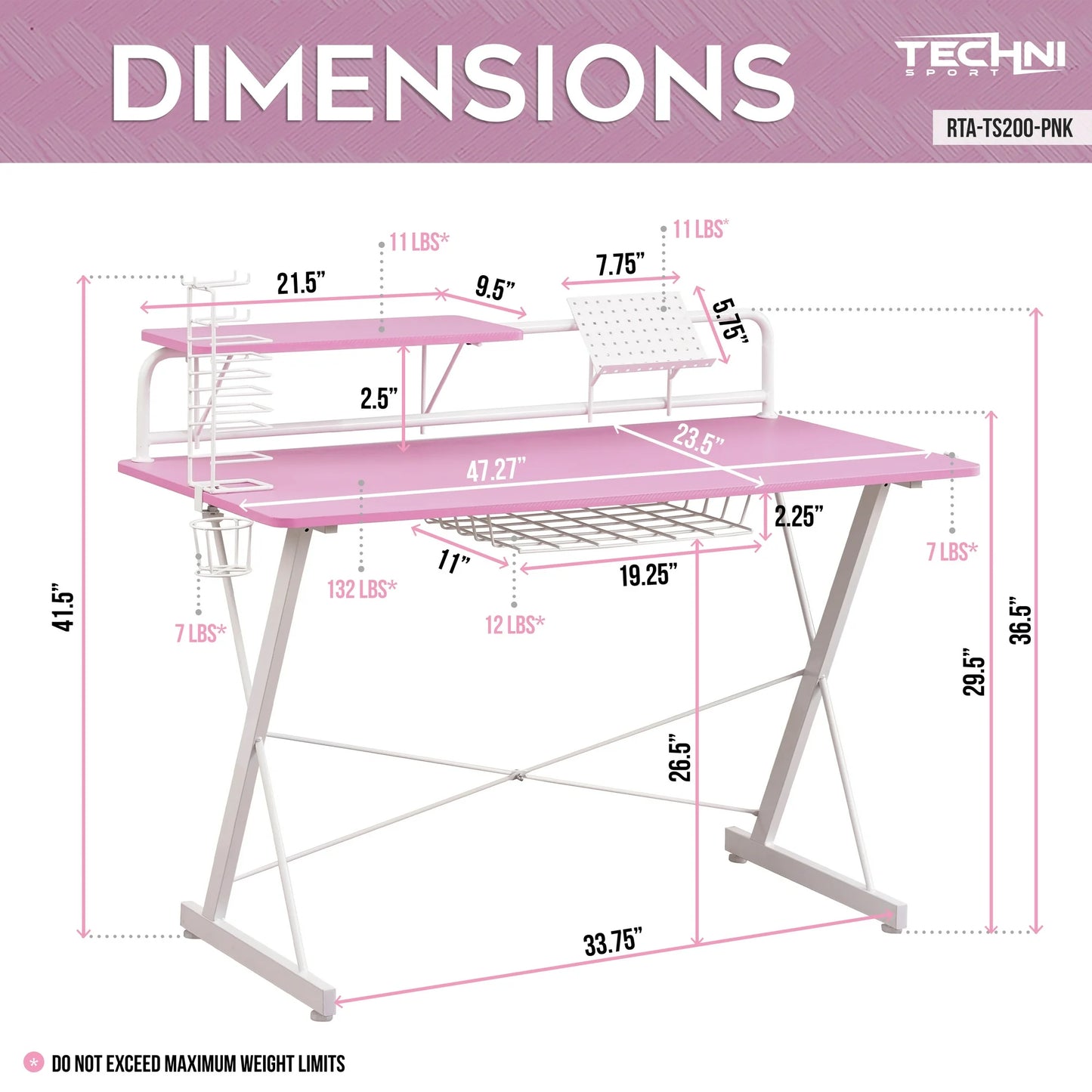 Techni Sport TS-200 Carbon 47" Computer Gaming Desk with Shelving, Pink/ White RTA-TS200-PNK