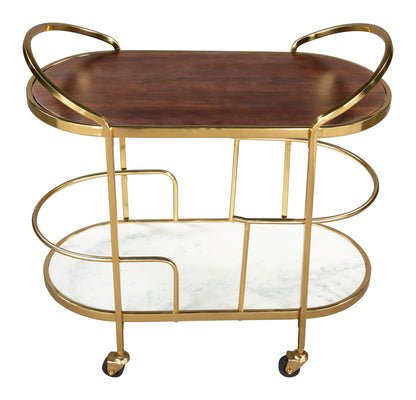 Antalya Modern Bar Cart with Wood, Marble, and Gold Accents