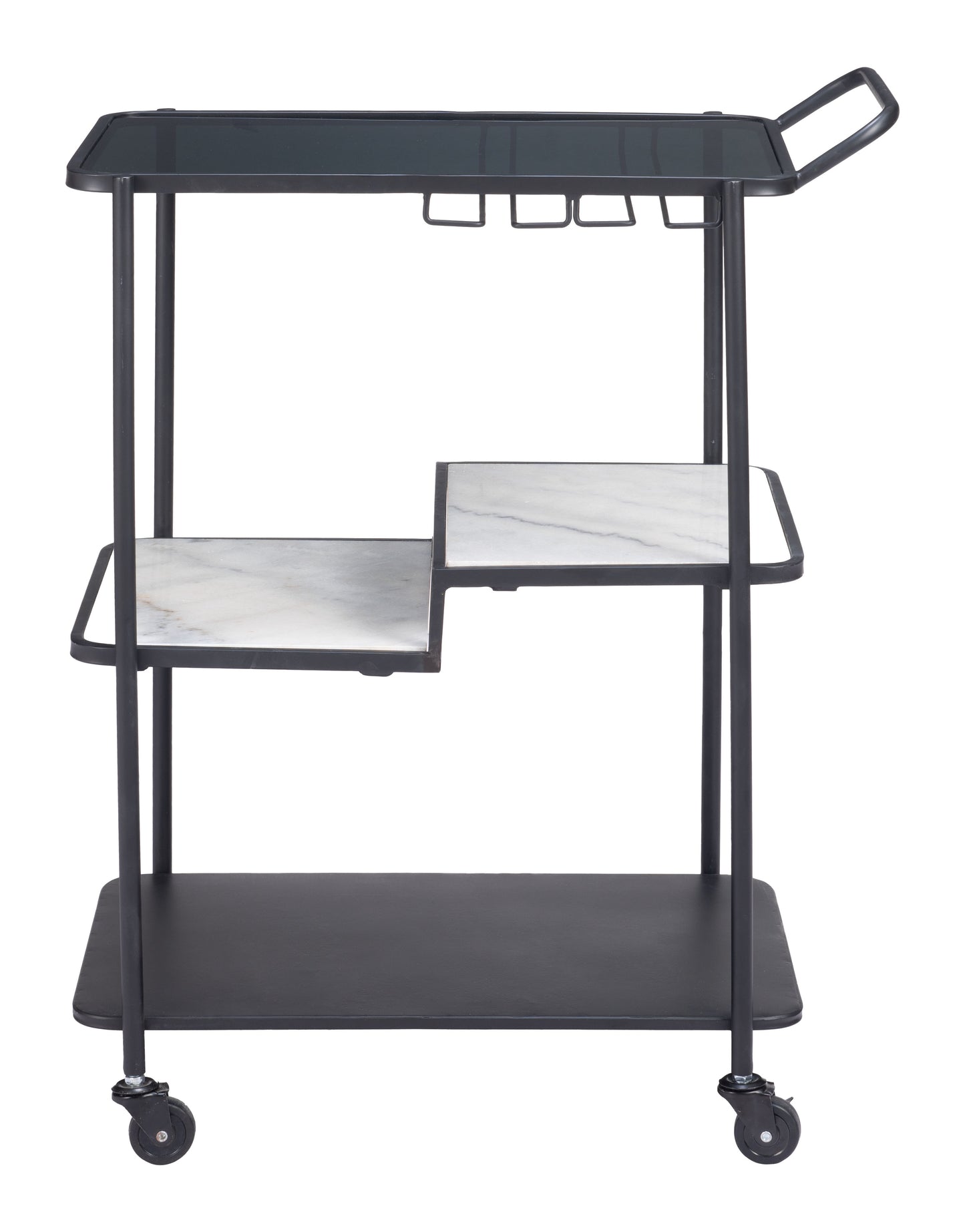 Constanza Black Bar Cart with Glass Shelves and Marble Accents