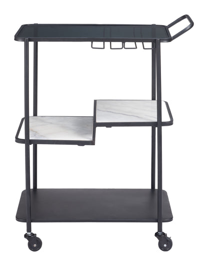 Constanza Black Bar Cart with Glass Shelves and Marble Accents