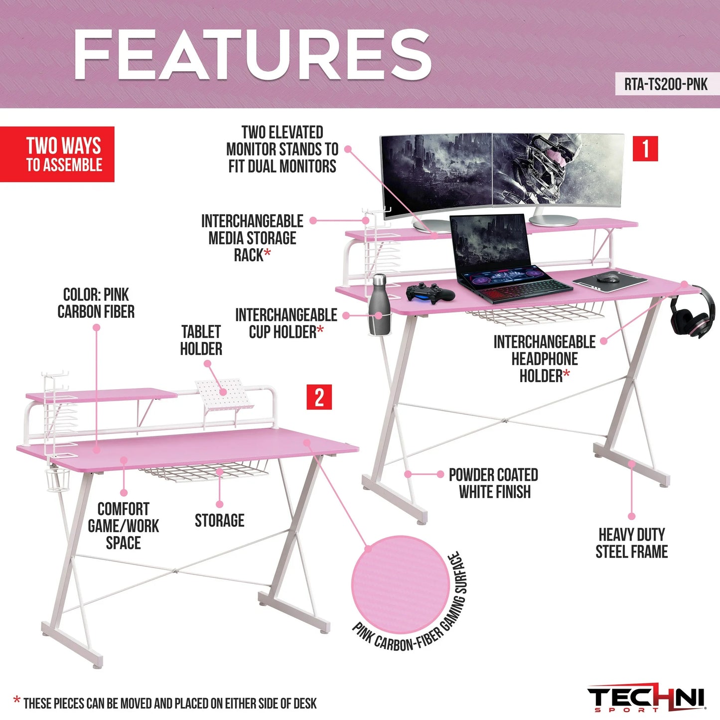 Techni Sport TS-200 Carbon 47" Computer Gaming Desk with Shelving, Pink/ White RTA-TS200-PNK