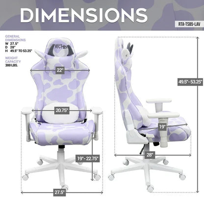 Techni Sport TS85 Lavender Cow Series Gaming Chair with Memory Foam Seat