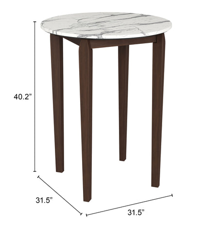 Vernon White Marble-Look Bar Table with Walnut Wood Base – Modern High-Top