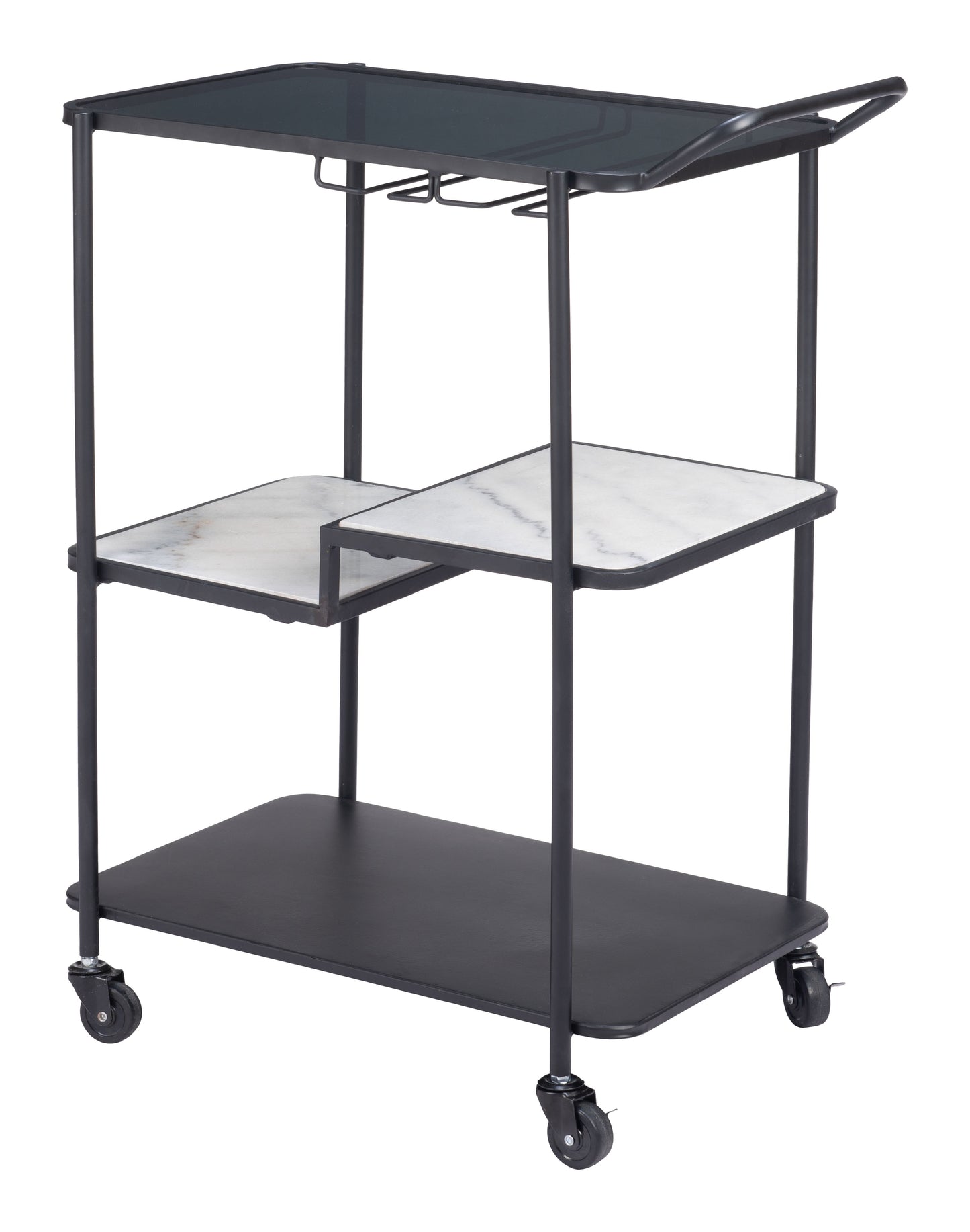 Constanza Black Bar Cart with Glass Shelves and Marble Accents
