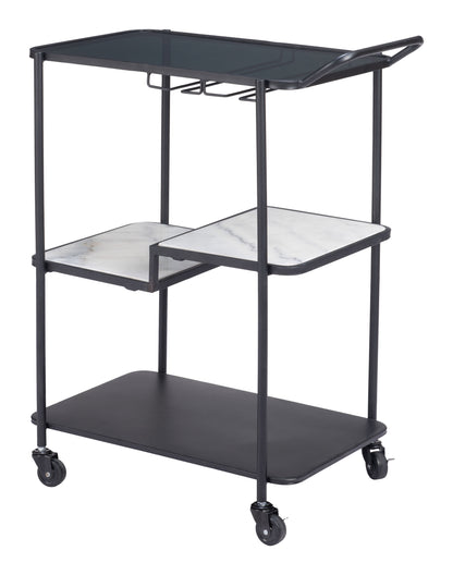 Constanza Black Bar Cart with Glass Shelves and Marble Accents