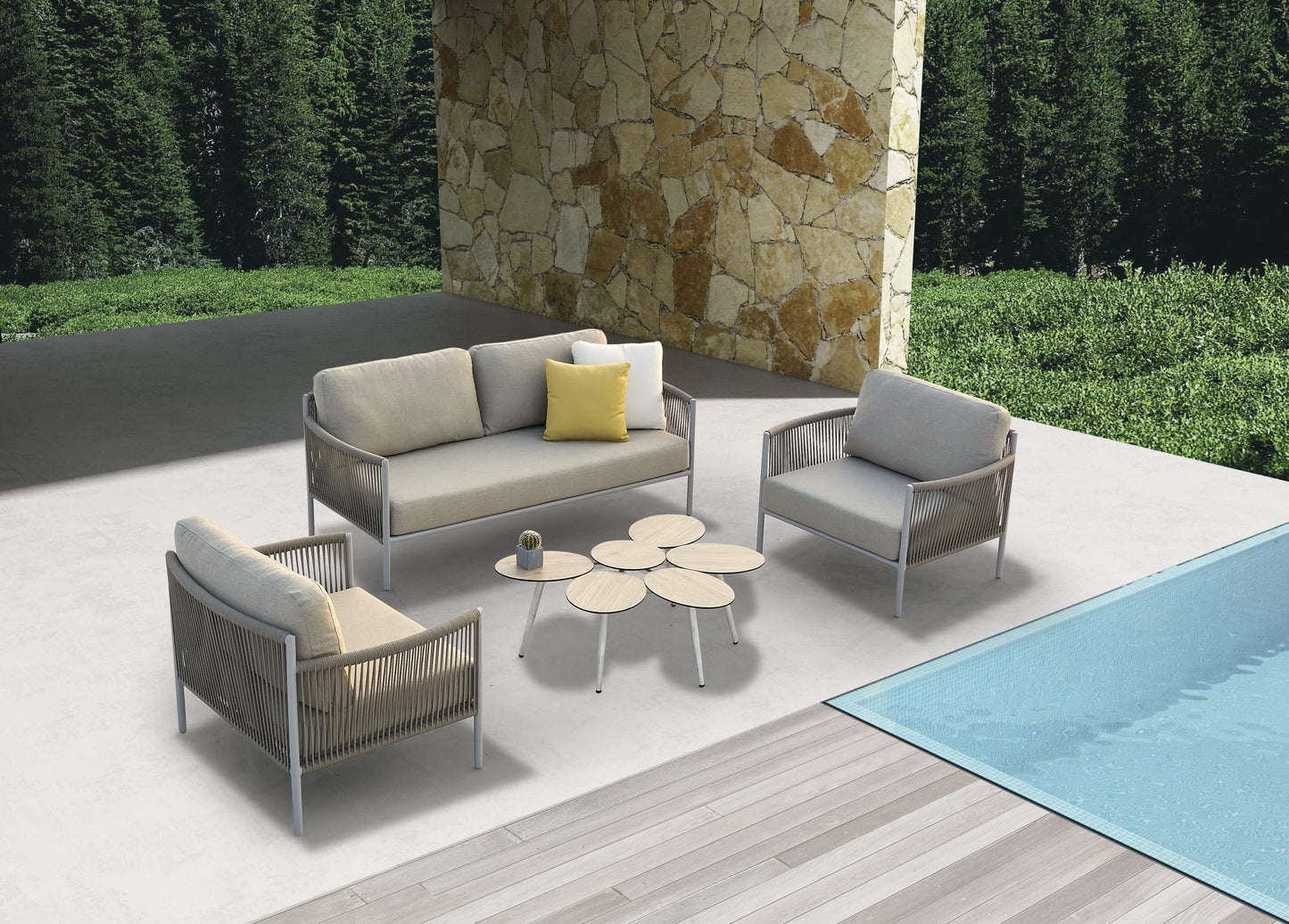 Catalina 4 Piece Outdoor Loveseat Set in Grey Aluminum, Light Gray Rope & Brown Fabric by Whiteline Modern Living