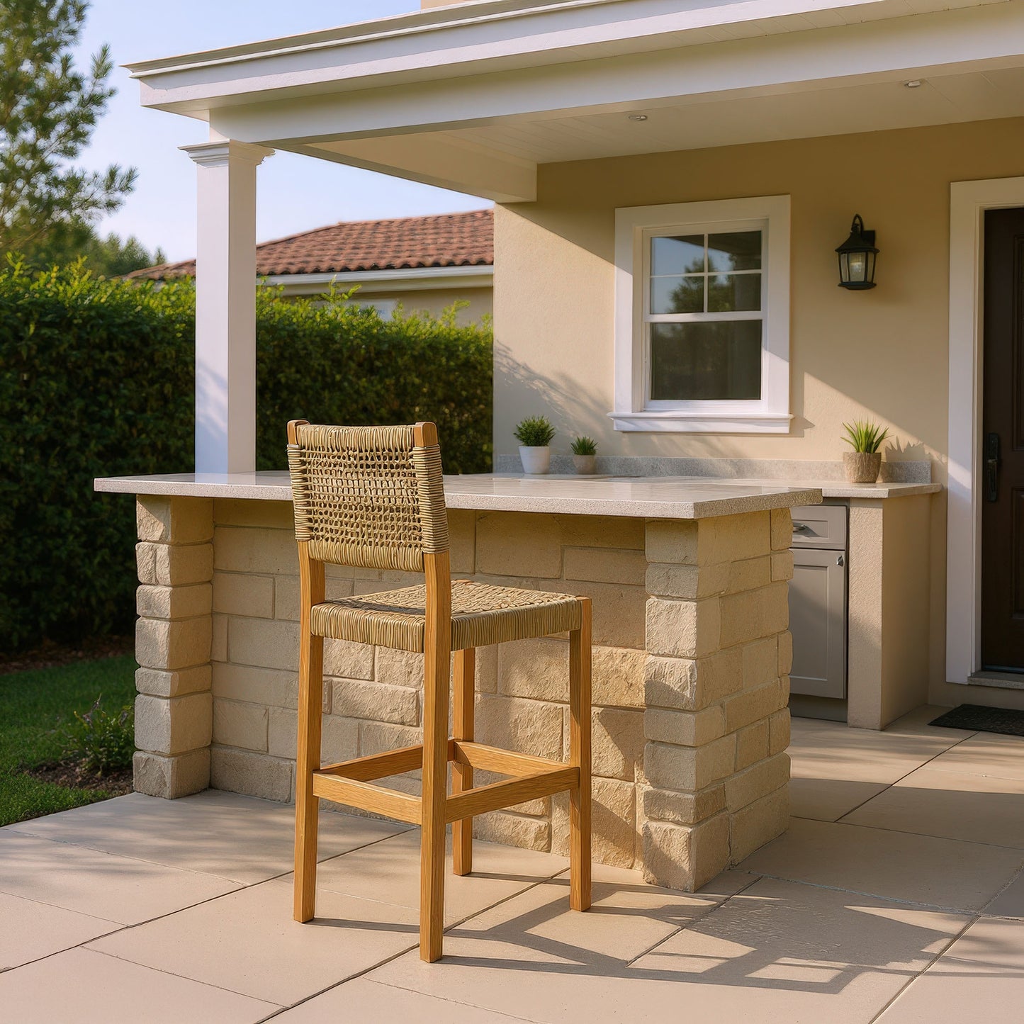 Corde Barstool in Beige with Natural Acacia Wood – Modern Counter Height Seating
