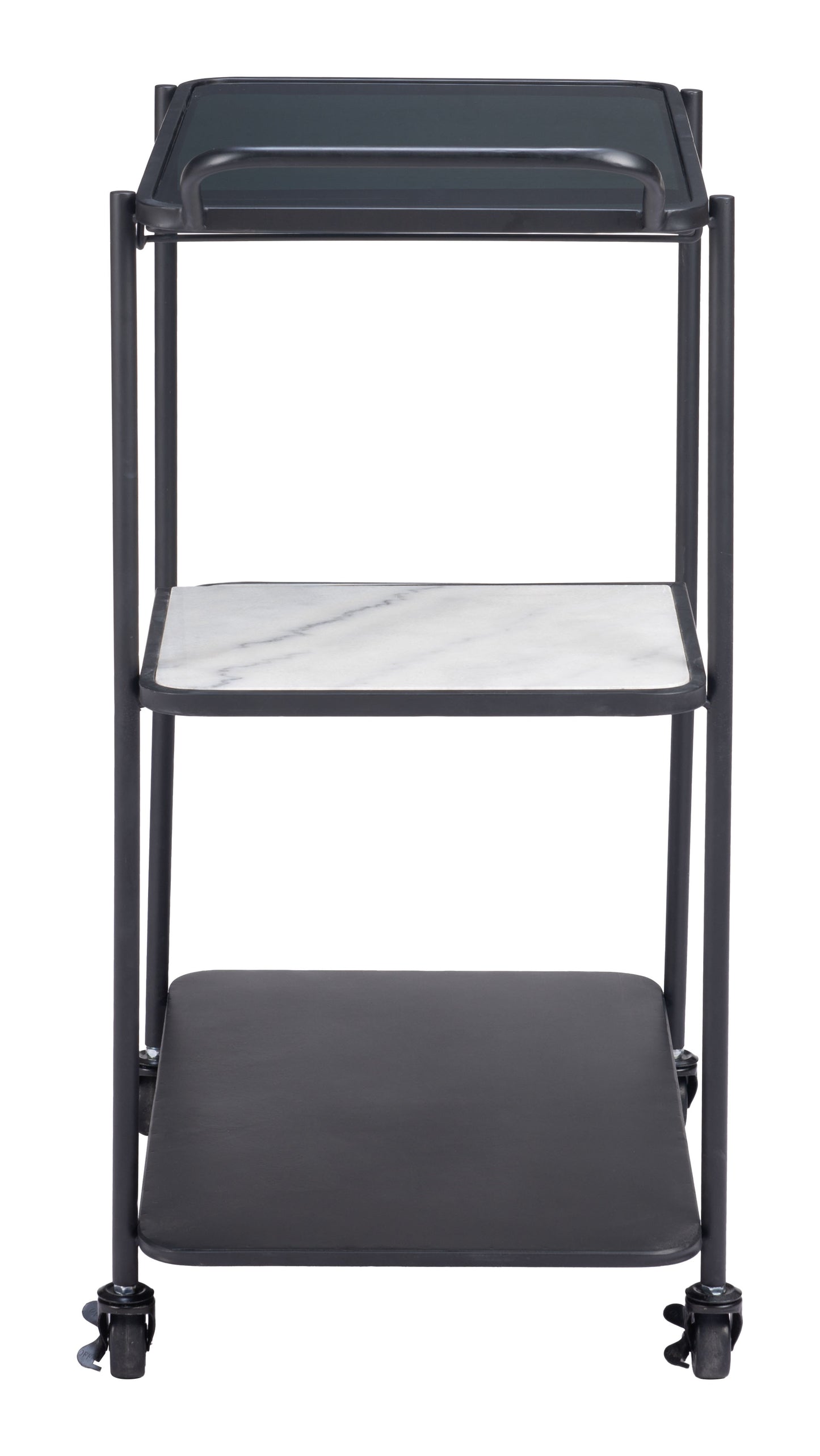 Constanza Black Bar Cart with Glass Shelves and Marble Accents