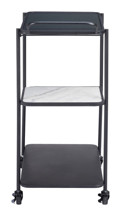 Constanza Black Bar Cart with Glass Shelves and Marble Accents