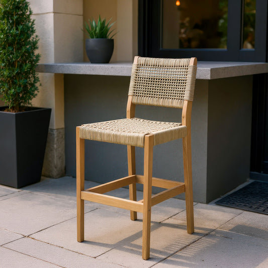 Corde Barstool in Beige with Natural Acacia Wood – Modern Counter Height Seating