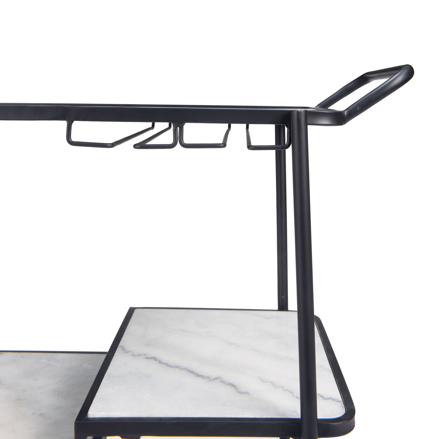 Constanza Black Bar Cart with Glass Shelves and Marble Accents