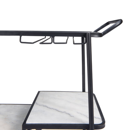 Constanza Black Bar Cart with Glass Shelves and Marble Accents