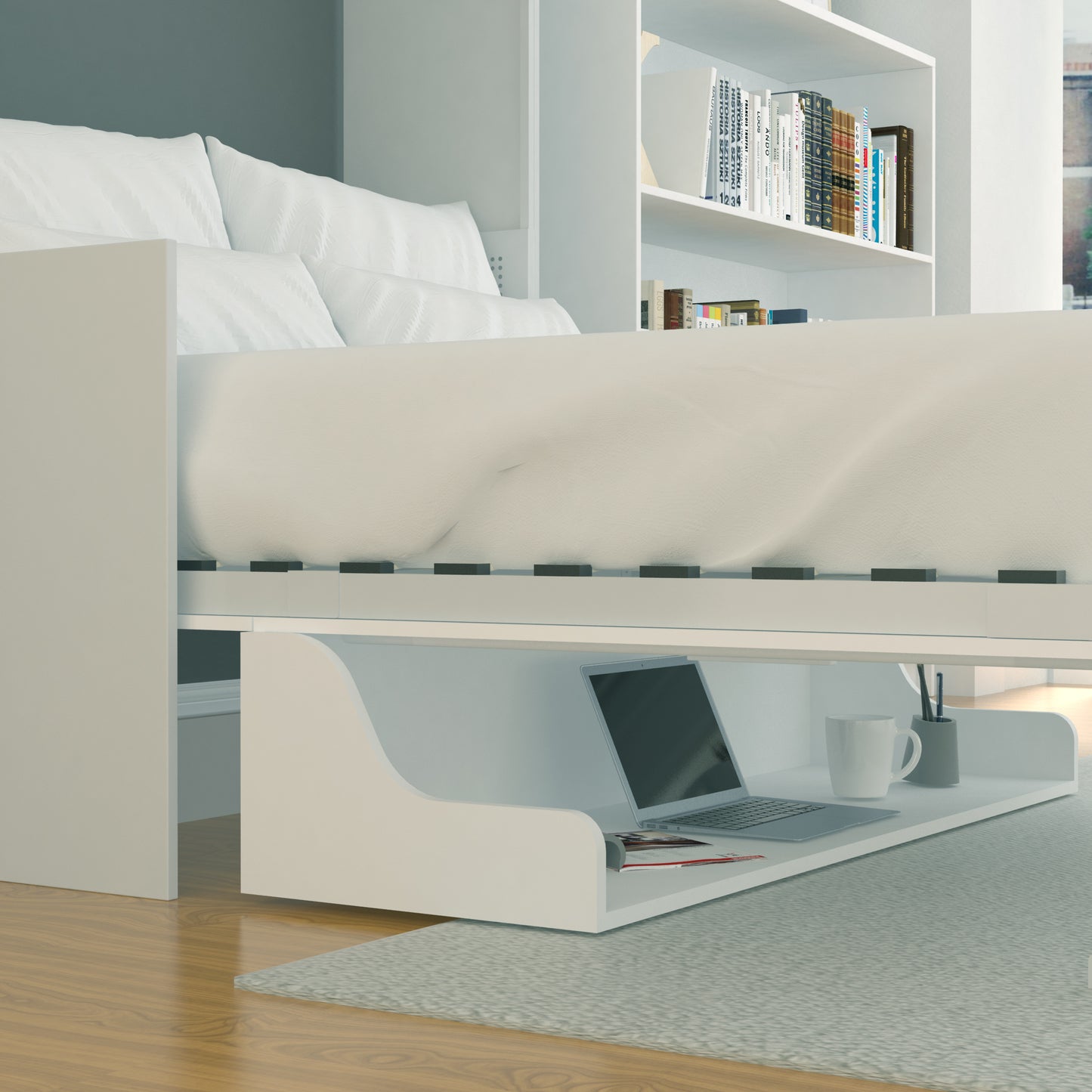 Murphy Bed With Desk & Storage Cabinet, Double Size, White by Leto Muro