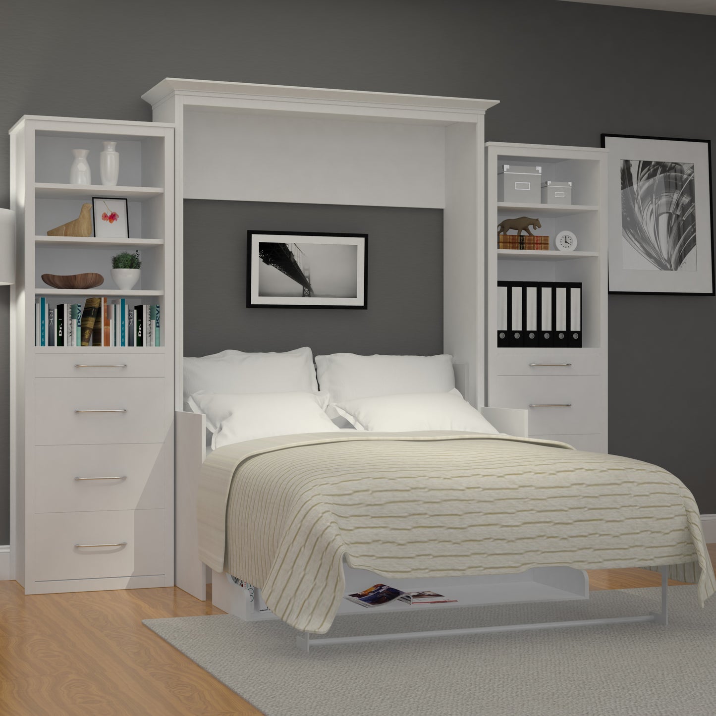 Leto Muro - Alegra Full Wall Bed with Desk and 2 Towers in White Finish