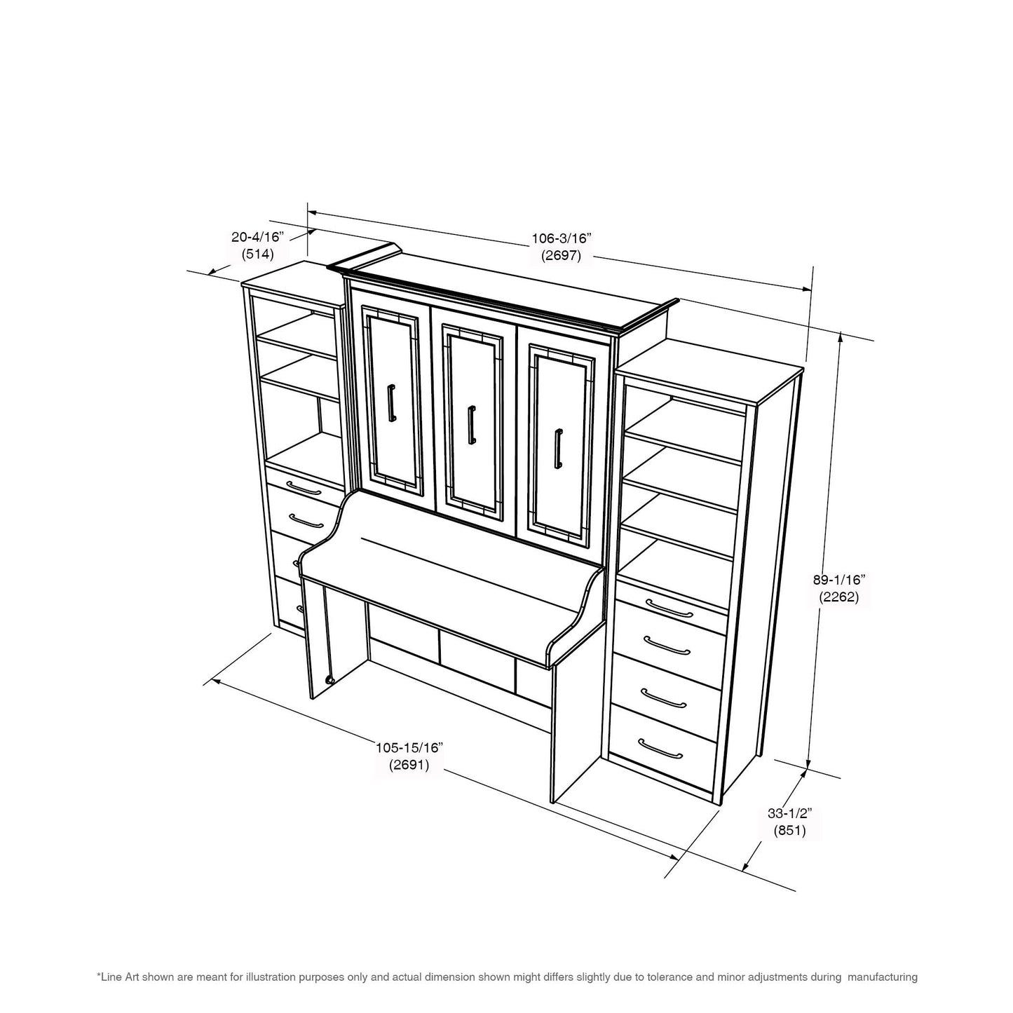 Leto Muro - Alegra Full Wall Bed with Desk and 2 Towers in White Finish