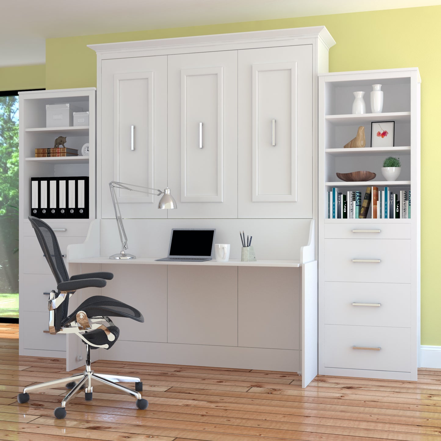 Murphy Bed With Desk & 2 Storage Cabinets, Queen Size, White by Leto Muro