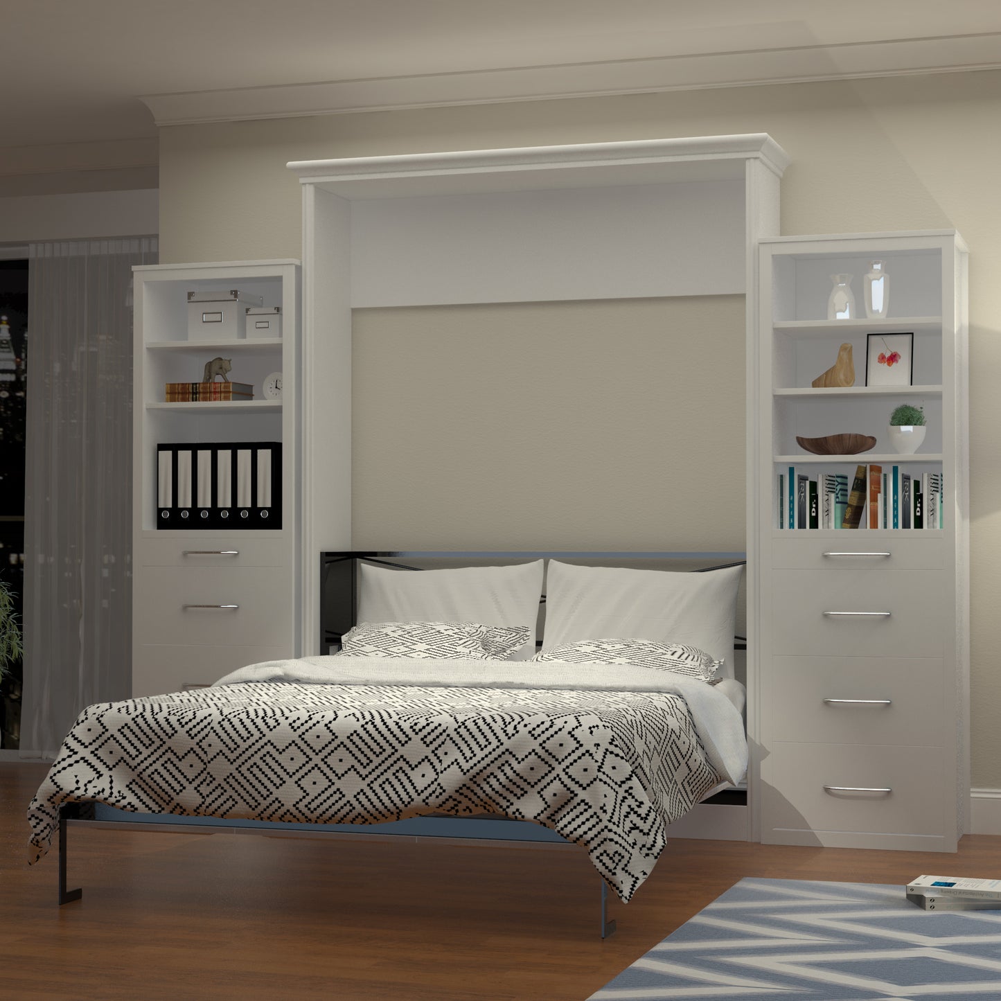 Wall Bed With 2 Storage Cabinets, Queen Size, White by Leto Muro