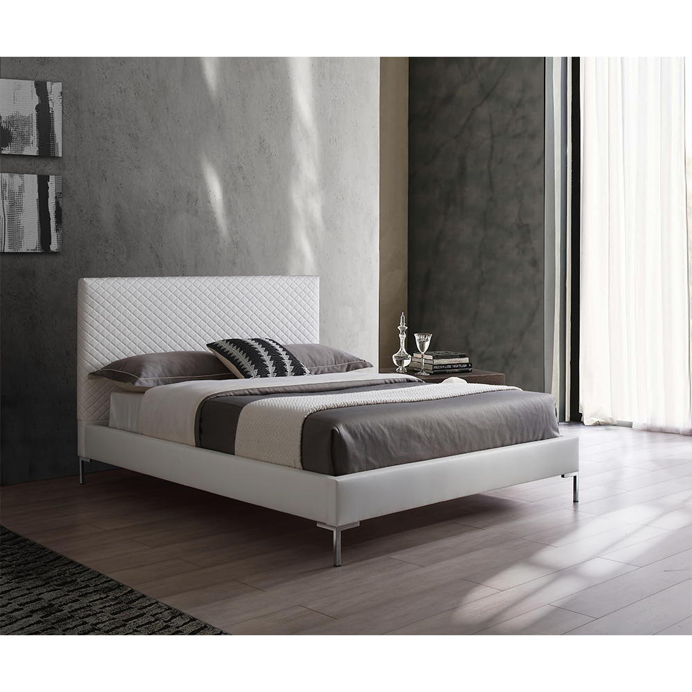 Alexander Queen Bed w/ LED in High Gloss Saphire Blue & Tufted Light Grey Leatherette