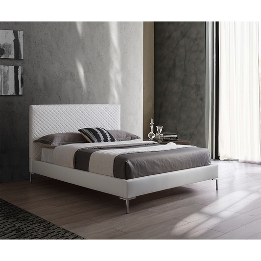 Alexander Queen Bed w/ LED in High Gloss Saphire Blue & Tufted Light Grey Leatherette