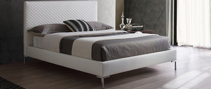 Alexander Queen Bed w/ LED in High Gloss Saphire Blue & Tufted Light Grey Leatherette