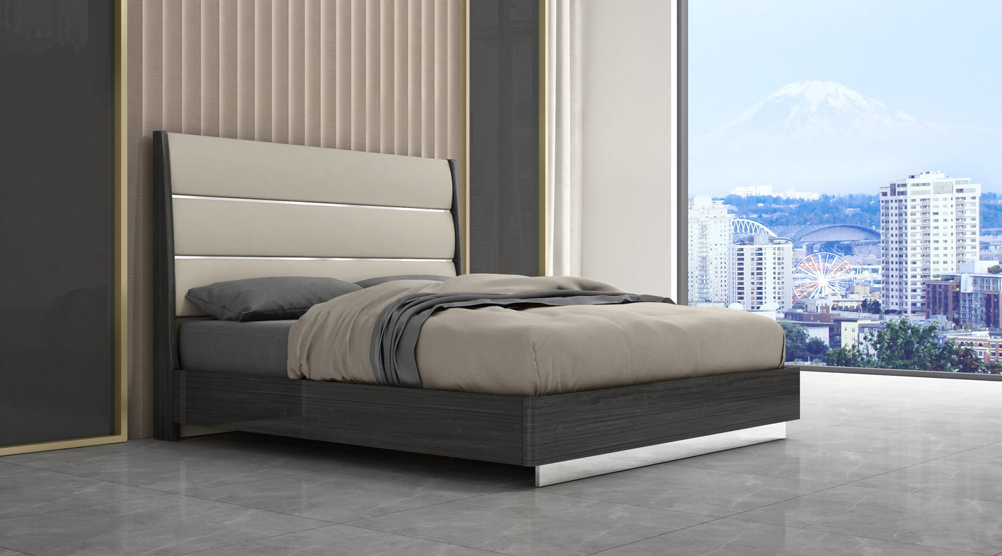 Pino King Bed in Gloss Dark Grey, Light Grey Leatherette & Stainless by Whiteline Modern Living