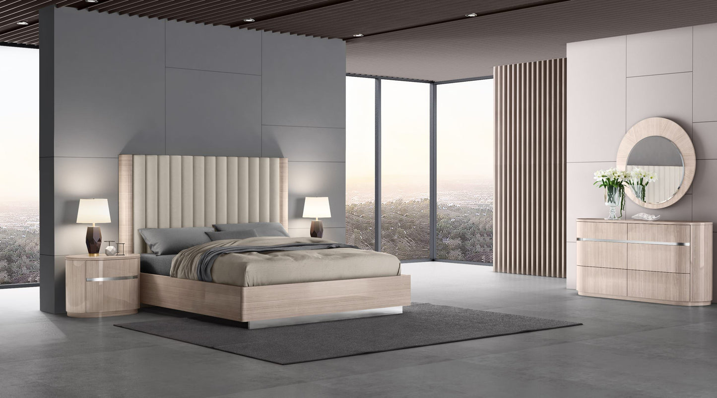 Waves King Bed in High Gloss Beige, Beige Fabric & Stainless Steel by Whiteline Modern Living