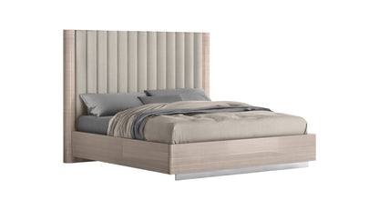 Waves King Bed in High Gloss Beige, Beige Fabric & Stainless Steel