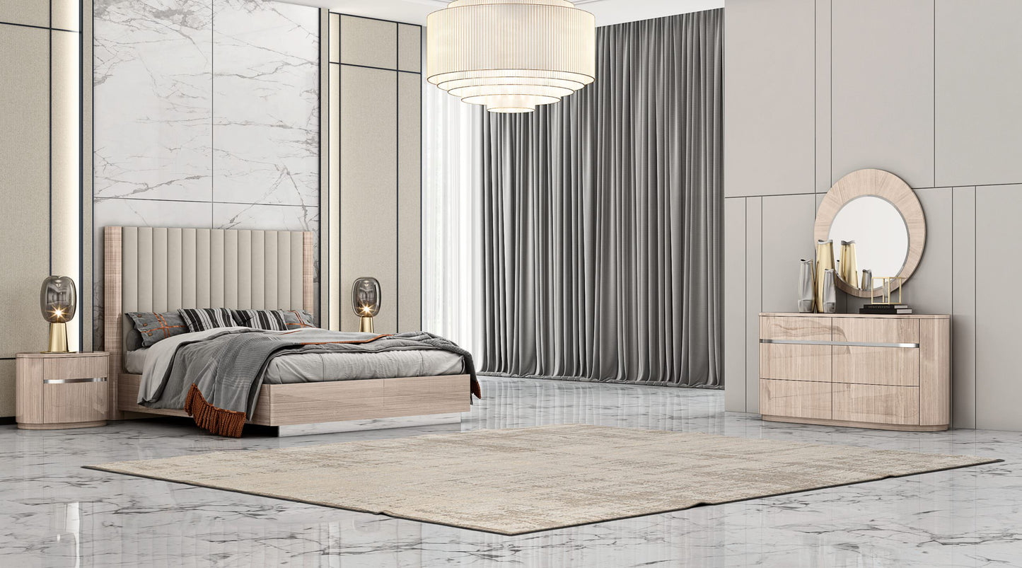 Waves King Bed in High Gloss Beige, Beige Fabric & Stainless Steel by Whiteline Modern Living