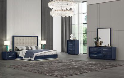 Alexander King Bed in High Gloss Saphire Blue, Tufted Beige Fabric & LED