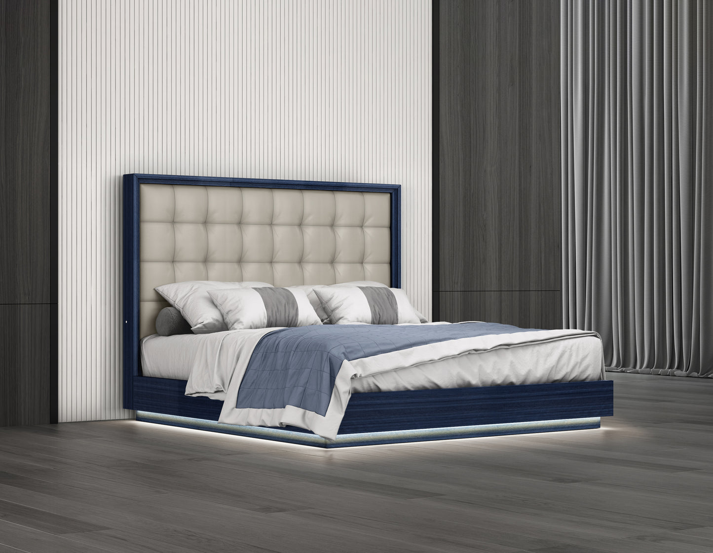 Alexander King Bed in High Gloss Saphire Blue, Tufted Beige Fabric & LED