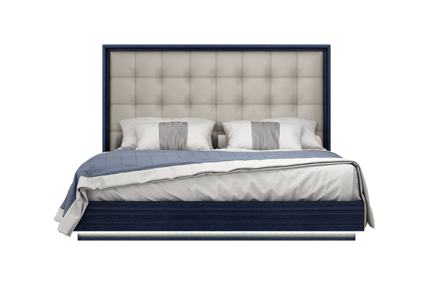 Alexander King Bed in High Gloss Saphire Blue, Tufted Beige Fabric & LED