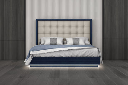 Alexander King Bed in High Gloss Saphire Blue, Tufted Beige Fabric & LED