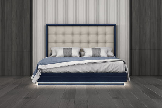 Alexander King Bed in High Gloss Saphire Blue, Tufted Beige Fabric & LED