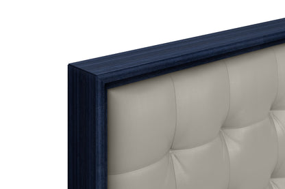 Alexander King Bed in High Gloss Saphire Blue, Tufted Beige Fabric & LED