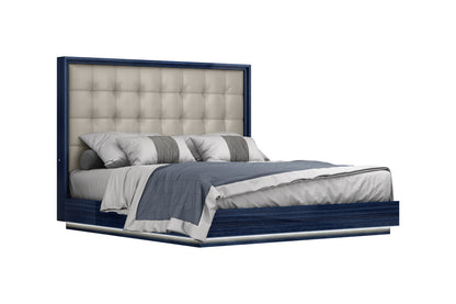 Alexander King Bed in High Gloss Saphire Blue, Tufted Beige Fabric & LED