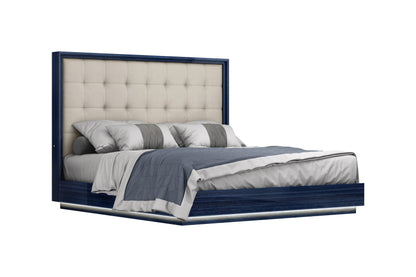 Alexander King Bed in High Gloss Saphire Blue, Tufted Beige Fabric & LED by Whiteline Modern Living