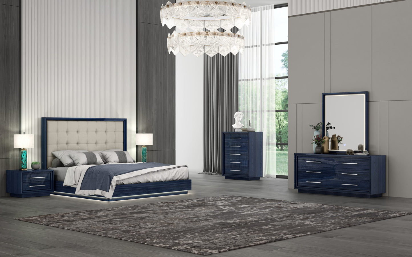 Alexander King Bed in High Gloss Saphire Blue, Tufted Beige Fabric & LED by Whiteline Modern Living