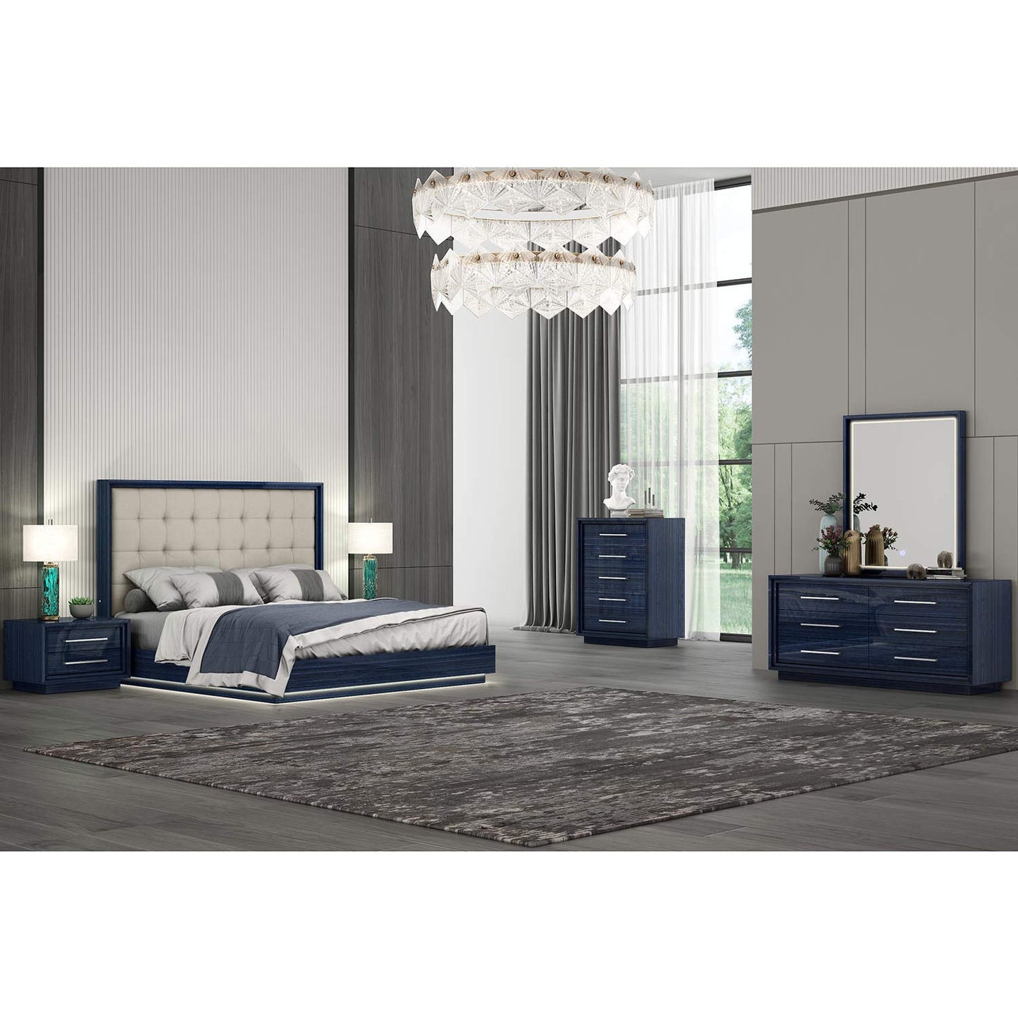 Alexander Dresser & Mirror Set in High Gloss Saphire Blue & Stainless Steel by Whiteline Modern Living