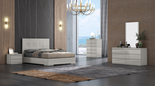 Anna Queen Bed, Squares design in headboard, High Gloss Light Grey